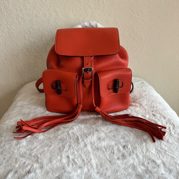 Gucci Orange Bamboo Leather Backpack. P0221 - Picture 1 of 17